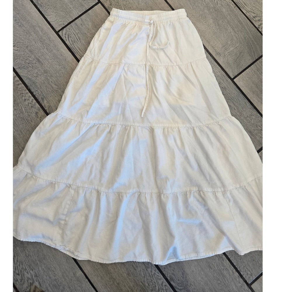 White Fox Tiered Maxi Skirt White Elastic Waist Drawstring Boho XXS
